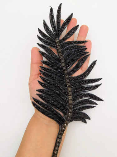 Black Hand Embroidered Leaf Applique, Beaded Leaf Motif, Cutwork Applique